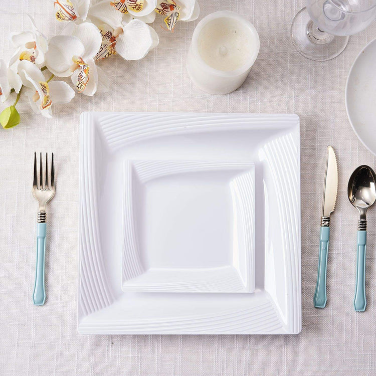 10 Pack White 6 Inch Square Plastic Salad Plates With Geometric With Ridge Trim