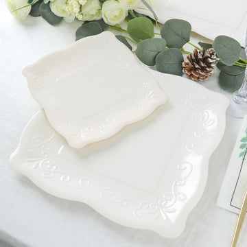 25 Pack White Square Vintage Appetizer Dessert Paper Plates, Shiny Disposable Pottery Embossed Party Plates With Scroll Design Edge 350 GSM 7"
