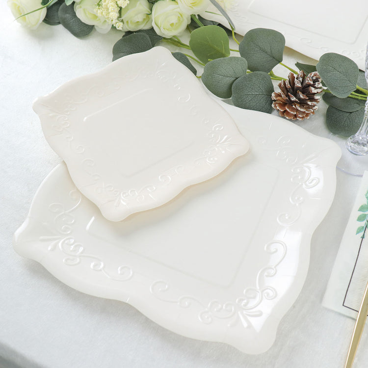 7 Inch White Dessert Plates With Scroll Design Edge