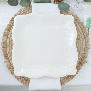 25 Pack White Square Vintage Dinner Serving Paper Plates, Shiny Disposable Pottery Embossed Party Plates With Scroll Design Edge 350 GSM 11"