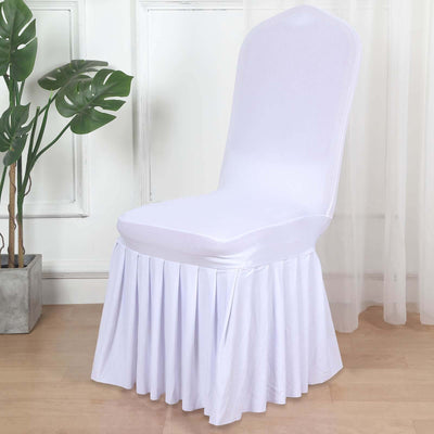 White chair cover with pleated skirt, designed for elegant events.