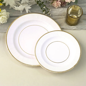 25 Pack | 8" White Sunray Gold Rimmed Dessert Appetizer Paper Plates, Disposable Party Plates - 350 GSM