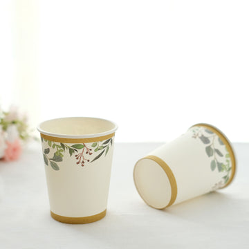 24 Pack White Tropical Greenery Boho Party Disposable Cups, Eucalyptus Paper Cups With Gold Rim 250 GSM 9oz