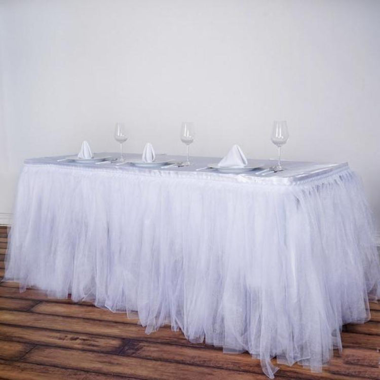 14 Feet Two Layered Pleated Tulle Tutu Table Skirt With Satin Edge In White