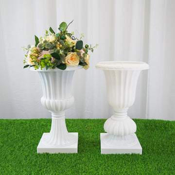 2 Pack White Urn Planter, Floral Pedestal Flower Pot Plant Stand - PVC 20"