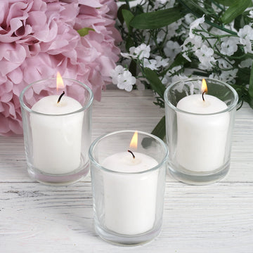 12 Pack | White Votive Candle and Clear Glass Votive Holder Candle Set