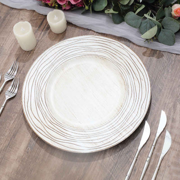 6 Pack White Washed Rose Embossed Faux Wood Plastic Charger Trays, Round Disposable Serving Plates 13"
