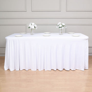 6ft White Wavy Spandex Fitted Rectangle 1-Piece Tablecloth Table Skirt, Stretchy Table Skirt Cover with Ruffles