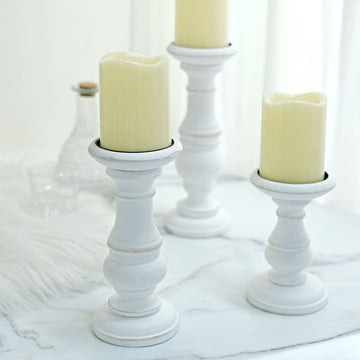 Set of 3 | White Wooden Pillar Candle Holders, Rustic Candle Pedestals - 10", 8", 6"