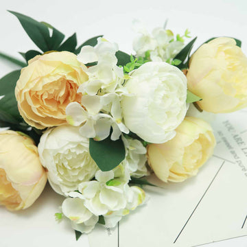 2 Bushes | White / Yellow Artificial Silk Peony and Hydrangea Flower Bouquet