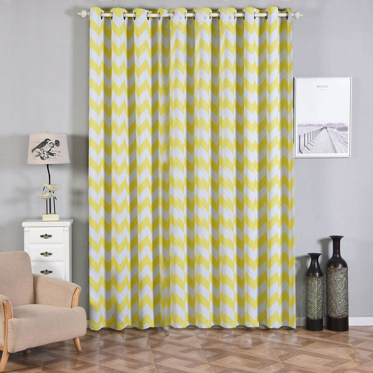 2 Chevron Design Thermal Blackout Window Panels With Chrome Grommet In White & Yellow 52 Inch x 108 Inch
