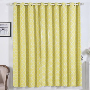 2 Pack White/Yellow Lattice Room Darkening Blackout Curtain Panels With Grommet, Trellis Noise Cancelling Curtains 52"x84"
