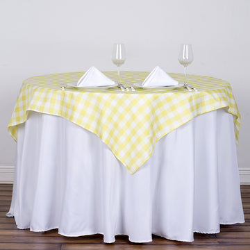 Elevate Your Event Decor with the White/Yellow Seamless Buffalo Plaid Polyester Table Overlay
