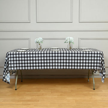 54"x108" White Black Buffalo Plaid Waterproof Plastic Tablecloth, PVC Rectangle Disposable Checkered Table Cover