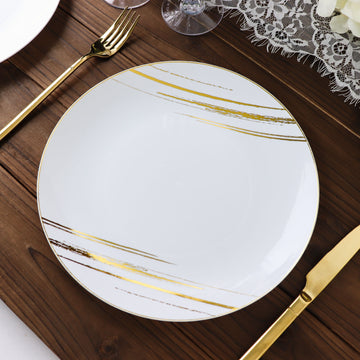 10 Pack White and Gold Brush Stroked Round Plastic Dinner Plates, Disposable Party Plates Dinnerware 10"