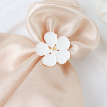4 Pack White and Gold Metal Flower Napkin Rings, Floral Serviette Buckle Napkin Holder Set - Plum Blossom Design