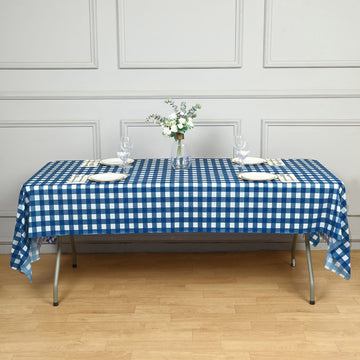 54"x108" White Navy Blue Buffalo Plaid Waterproof Plastic Tablecloth, PVC Rectangle Disposable Checkered Table Cover