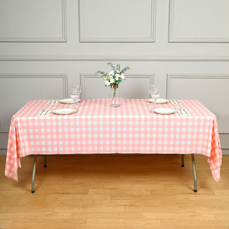 White & Pink Buffalo Plaid Checkered PVC Vinyl Tablecloth 54 Inch x 108 Inch Rectangle Disposable Waterproof