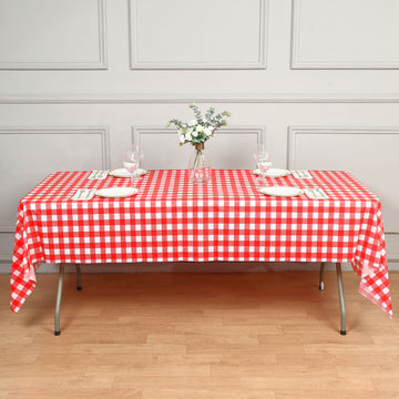 54"x108" White and Red Buffalo Plaid Rectangle Vinyl Tablecloth, PVC Plastic Checkered Spill Proof Tablecloths | Disposable Waterproof Tablecloths