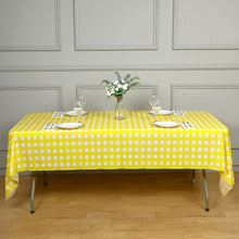 Buffalo Plaid Checkered Rectangle Vinyl PVC Tablecloth 54 Inch x 108 Inch In White & Yellow Disposable Waterproof 