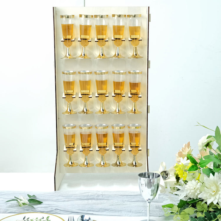 3 Tier Wooden Rectangular Champagne Floor Standing 15 Glass Wall Stand