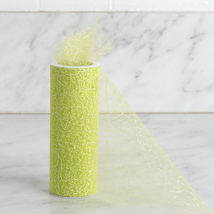 6"x10 Yards Apple Green Elaborate Design Glitter Organza Tulle Fabric Rolls