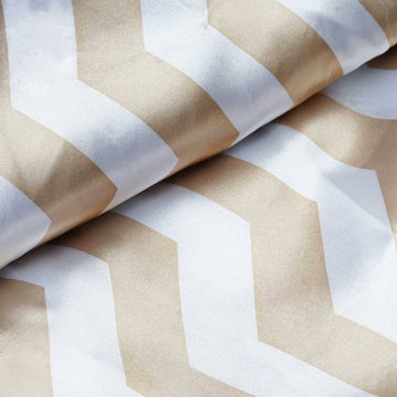 Champagne / White Chevron Print Satin Fabric Roll, Zig Zag DIY Craft Fabric Bolt 54"x10 Yards