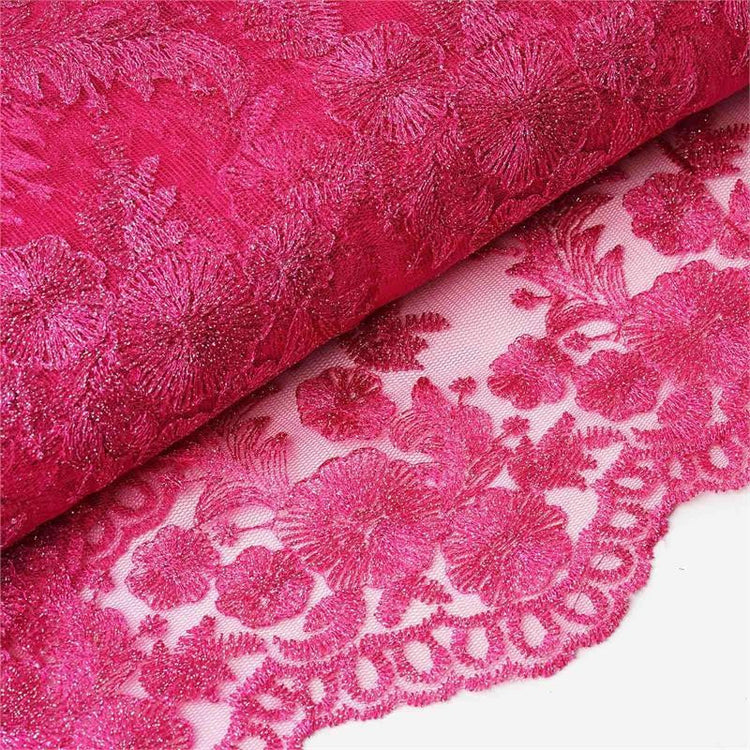 54inch x 4 Yards Fuchsia Floral Embroidered Lace Tulle Fabric Bolt, DIY Craft Fabric Roll#whtbkgd