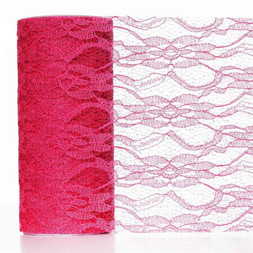 Fuchsia Floral Lace Shimmer Glitter Tulle Fabric Bolt 6"X10 Yards
