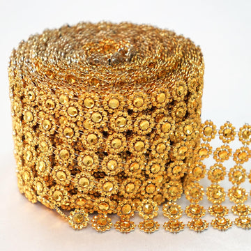 4"x10 Yards Gold Fleur Diamond Rhinestone Ribbon Wrap Roll, DIY Craft Ribbon