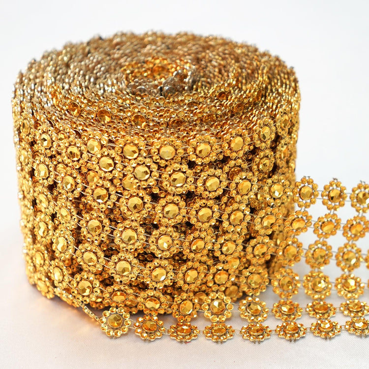 Gold Fleur Diamond Rhinestone Ribbon Wrap Roll 4 Inch x 10 Yard