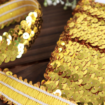 Metallic Gold Sequin Stretch Fabric Ribbon, Elastic Lace Trim, Shiny Glitter Craft Fabric 1"x10 Yards