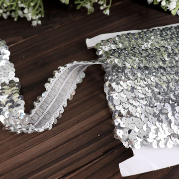 Metallic Silver Sequin Stretch Fabric Ribbon, Elastic Lace Trim, Shiny Glitter Craft Fabric 1"x10 Yards