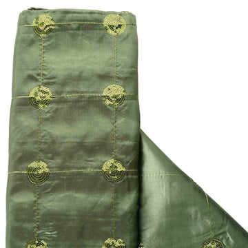 Olive Green Sequin Tuft Design Taffeta Fabric Bolt, DIY Craft Fabric Roll 54"x5 Yards