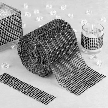 5"x10 Yards Shiny Black Diamond Rhinestone Ribbon Wrap Roll, DIY Craft Decor