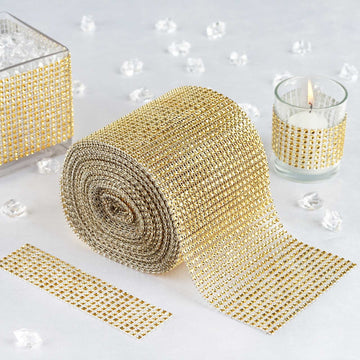Shiny Gold Diamond Rhinestone Ribbon Wrap Roll, DIY Craft Decor 5"x10 Yards