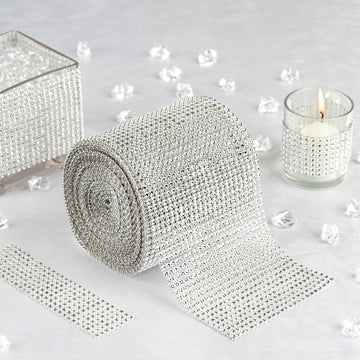 Shiny Silver Diamond Rhinestone Ribbon Wrap Roll, DIY Craft Decor 5"x10 Yards