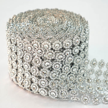 4"x10 Yards Silver Fleur Diamond Rhinestone Ribbon Wrap Roll, DIY Craft Ribbon
