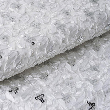 Add Glamour and Drama with our Silver Sequin Tulle Satin Fabric Bolt