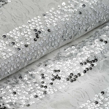White With Silver Sequin Parallels Lace Fabric Bolt, DIY Craft Fabric Roll 54"x4 Yards