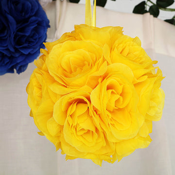 2 Pack | 7" Yellow Artificial Silk Rose Kissing Ball, Faux Flower Ball