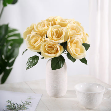 12" Yellow Artificial Velvet-Like Fabric Rose Flower Bouquet Bush