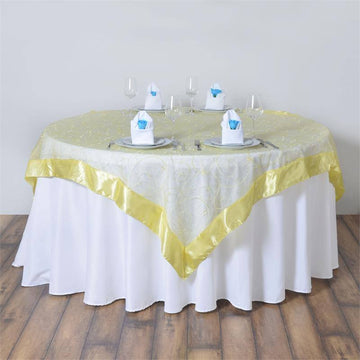 Yellow Embroidered Sheer Organza Square Table Overlay With Satin Edge 85"x85"
