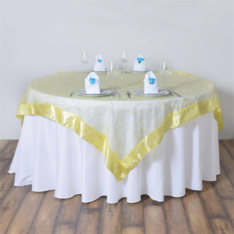 85 Inch x 85 Inch Yellow Embroidered Sheer Organza Square Table Overlay With Satin Edge