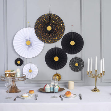 Set of 8 Black/Gold/White Polka Dot Hanging Paper Fan Decorations, Pinwheel Wall Backdrop Party Kit 4", 8", 12", 16"