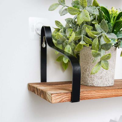 Black metal shelf bracket holding a potted plant on a wooden shelf.