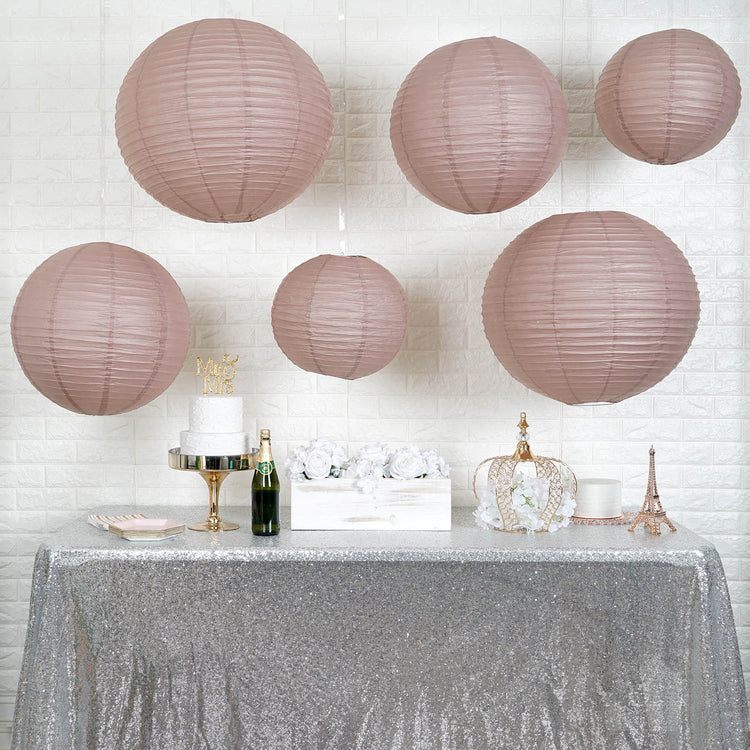 Set of 6 - Dusty Rose Hanging Paper Lanterns Round Assorted Size