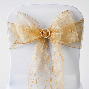 5 Pack Gold Embroidered Organza Chair Sashes 7"x108"