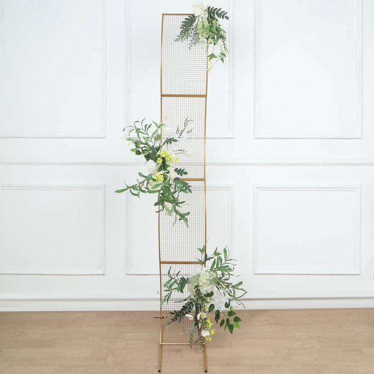 7ft Gold Metal Lattice Wavy Grid Design Wedding Arch Aisle Backdrop Stand, S-Shaped Flower Frame
