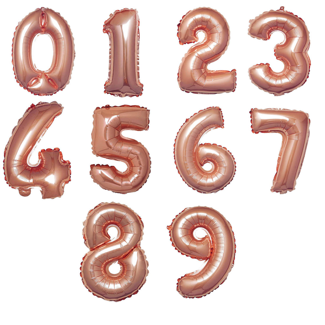 Rose gold balloon numbers 0-9 on a white background